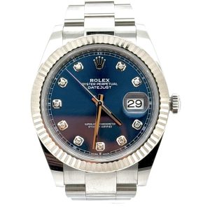 Solgt – ROLEX DATEJUST 41 – BLUE DIAL / DIAMOND – 2023 MODELL – KOMPLETT SETT